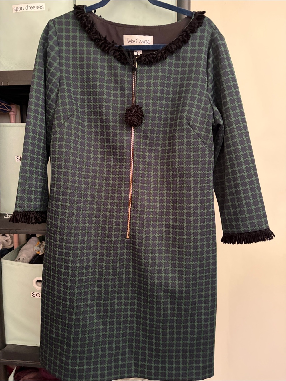 Sara Campbell Green & Black Checked Fringe-Trim Shift Dress with Tassel Zip